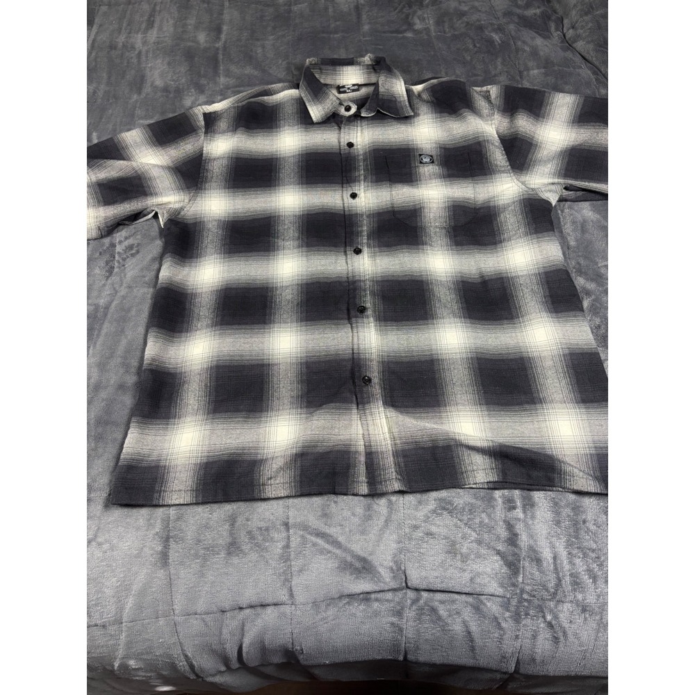 Lowrider Mens XL Shadow Plaid Short Sleeve Button Up Shirt Black Grey Est 1971